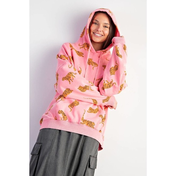 Tiger Pink Washed Terry Hoodie Pullover - Regular and Plus - Picture 2 of 4